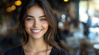 Young woman with radiant smile and long brown hair against blurred bokeh background in casual black top, expressing joy and confidence in natural lighting.
