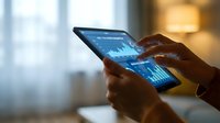Business professional analyzing financial data charts and graphs on digital tablet screen for market research and investment decisions.