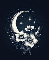 Mystical crescent moon with delicate white anemone flowers and sparkling stars on dark background, botanical celestial art for magical home decor and stationery.