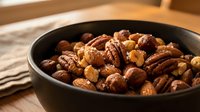 Mixed nuts including pecans, walnuts and hazelnuts in black bowl on wooden table. Healthy snacking, cooking ingredients for baking recipes.