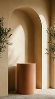 Minimalist terracotta cylinder podium in arched alcove with olive branches and warm natural lighting for product display and modern interior design.