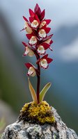 Red and cream orchid growing on moss-covered rock against blurred mountain background, showcasing delicate petals and natural growth pattern in macro detail.