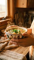 Person holding steaming bowl of Asian noodle soup with vegetables in decorated ceramic bowl by warm window, comfort food for cooking and recipe content.