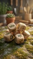 Wooden dice with sustainability icons including solar panels, electric car, wind turbine, and recycling symbol stacked on moss surface with eco-friendly home office decor background.