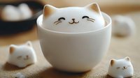 Adorable white ceramic cat-shaped mug with cute facial expression surrounded by matching mini cat figurines on wooden surface for kitchen decor.