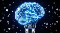 Glowing blue brain inside light bulb against starry night sky with geometric shapes representing innovation, creativity, artificial intelligence and bright ideas.