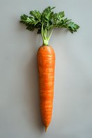 Fresh orange carrot with green leaves on light gray background. Clean minimalist food photography for healthy eating, cooking, and vegetarian lifestyle concepts.