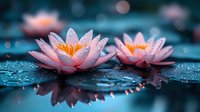 Pink water lilies with droplets floating on dark water surface with bokeh lights and reflections creating tranquil zen atmosphere for wellness and spa designs.