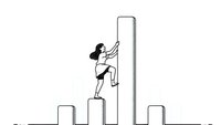 Young businesswoman climbing bar chart steps reaching for success in career growth and achievement goals isolated on white background.