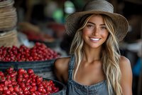 Young Caucasian woman with straw hat and blonde hair smiling at farmers market with baskets of fresh red berries in foreground.