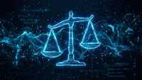Digital justice scales glowing in cyan blue light with network connections and data visualization elements for legal technology and law firm branding.