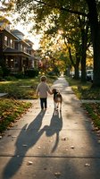 Young child walking with beagle dog on tree-lined residential street during golden hour autumn evening, holding hands with pet on sidewalk.