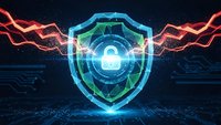 Cybersecurity shield with padlock protecting against digital threats and data breaches in futuristic network environment.