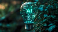 Glowing turquoise light bulb with AI text against dark nature background, symbolizing artificial intelligence innovation and green technology solutions.