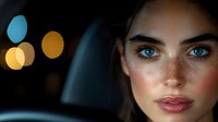 Young woman with bright blue eyes and freckles in dramatic night lighting with bokeh effect, close-up portrait showing natural beauty and glowing skin.