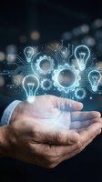 Businessman hands holding glowing digital innovation concept with light bulbs, gears and circuit patterns representing technology solutions and creative ideas.