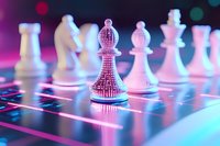 Digital chess pieces on glowing circuit board background with pink and blue neon lighting effects creating futuristic gaming atmosphere.