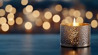 Decorative metal candle holder with intricate pattern casting warm light against bokeh background creating cozy atmospheric ambiance for relaxation and meditation.