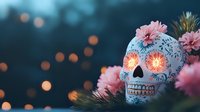 Decorative sugar skull with glowing eyes and pink flowers against dark background with bokeh lights, celebrating Day of the Dead traditions and Mexican folk art.