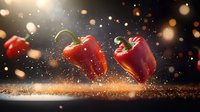 Fresh red bell peppers floating with spice powder and bokeh light effects on dark background, dramatic food photography for restaurant menu and advertising.