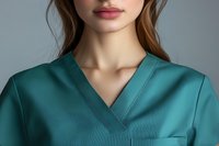 Young female medical professional wearing teal green scrubs uniform, close-up view showing neckline and collar details against neutral background.