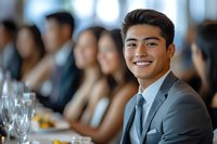 Young Asian businessman in gray suit smiling confidently at formal dinner event. Corporate professionals gathered for celebration at elegant restaurant setting.