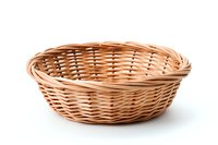 Empty round woven wicker basket made from natural rattan isolated on white background, traditional handcraft storage container for bread or fruit.
