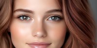 Close up portrait of young woman with natural makeup, glowing skin, brown wavy hair and green eyes looking at camera with gentle smile.
