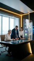 Business team analyzing data on futuristic holographic display in modern office with ambient lighting and city view windows for corporate presentations.