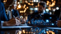 Business team analyzing financial market data on laptop with glowing stock charts, bokeh lights create atmospheric evening meeting environment.