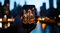 Smartphone screen displaying illuminated city skyline at night with glowing buildings and bokeh lights against blurred urban background with bridge reflections.