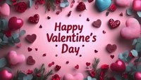 Happy Valentine's Day greeting card with pink and red hearts, roses, and romantic decorations on soft pink background for love celebration.