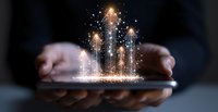 Glowing digital arrows rising from smartphone with sparkles and light particles, symbolizing business growth and digital transformation in dark background.