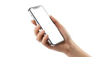 Female hands holding modern smartphone with blank white screen isolated on white background for mobile app mockup and digital technology presentation.