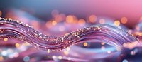 Flowing waves of purple light with glowing golden bokeh effects create magical abstract background with sparkling particles and luminous motion trails.
