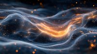 Glowing golden wave with luminous particles flowing through smoky blue curves creates dynamic abstract background for technology designs.