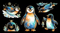 Penguin characters in watercolor style isolated on transparent background, ready for t-shirt design, clipart, stickers, sublimation and print-on-demand projects.