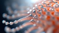 Macro photography of abstract orange and blue spiral DNA structure with water drops and bokeh effect, scientific molecular background for medical and biotech designs.