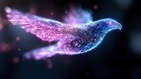 Glowing digital eagle with spread wings created from luminous particles and light effects in blue and pink colors against dark background, modern art concept.