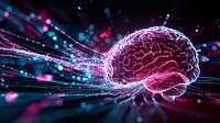 Glowing digital brain with pink and blue light streams against dark background showcases artificial intelligence and neural network concept in modern technology.