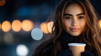 Young woman with long brown hair holding coffee cup on city street at night with bokeh lights background creating warm atmospheric urban lifestyle scene.