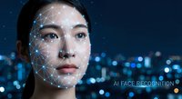 Young Asian woman with facial recognition technology overlay showing connected dots and lines for biometric identification and security systems.