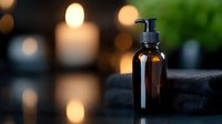 Amber glass pump bottle with dark towels in spa setting with warm bokeh lights creating relaxing wellness atmosphere for skincare and massage therapy.
