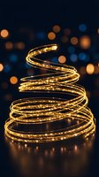 Spiral coil of warm golden LED string lights arranged in tree shape against dark background with bokeh lights, festive holiday decoration.