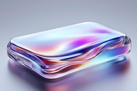Iridescent glass rectangle with flowing liquid-like surface creates mesmerizing rainbow reflections and holographic effects against gray background.