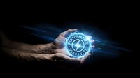 Businessman hands holding glowing performance badge with dynamic blue light effects on dark background for corporate achievement and quality assurance concepts.