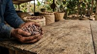 Farmer holding freshly harvested cacao beans in hands at plantation, with baskets of cocoa pods in background for agriculture and food production themes.