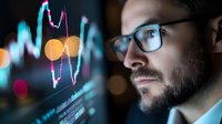 Caucasian businessman in glasses analyzing financial market data on digital screen with glowing trading chart and bokeh lights in dark office setting.