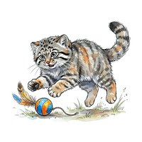 Playful tabby kitten pouncing on colorful ball with feathers, isolated on white background. Perfect for children's books, nursery decor, greeting cards, and pet-related designs.