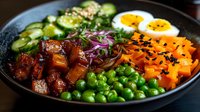 Asian bowl with glazed pork belly, soft boiled eggs, fresh cucumber, green peas, shredded carrots, red onion and black sesame seeds served in dark bowl.